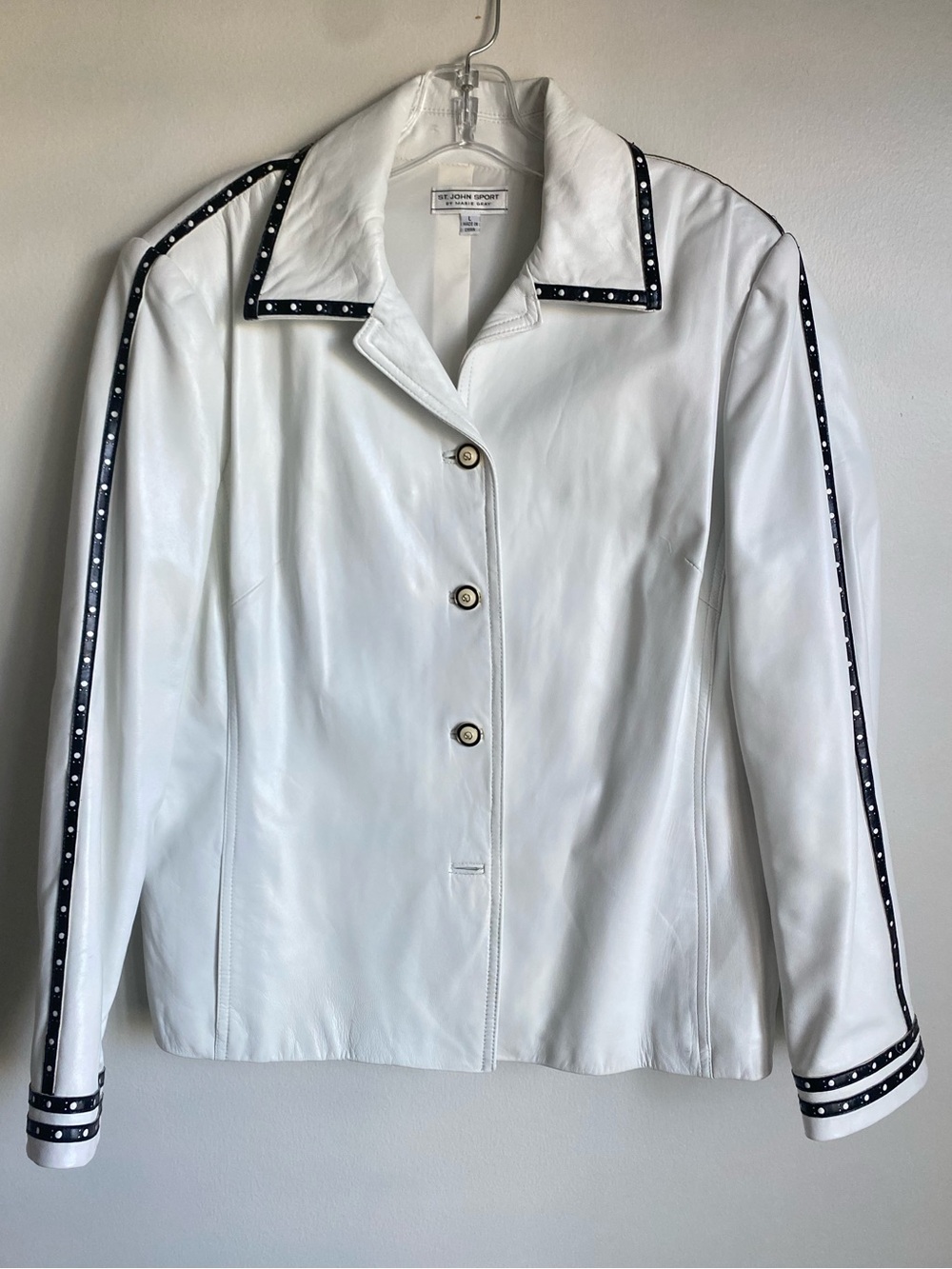 St. John Sport Marie Gray Leather Jacket White Black Trim Large